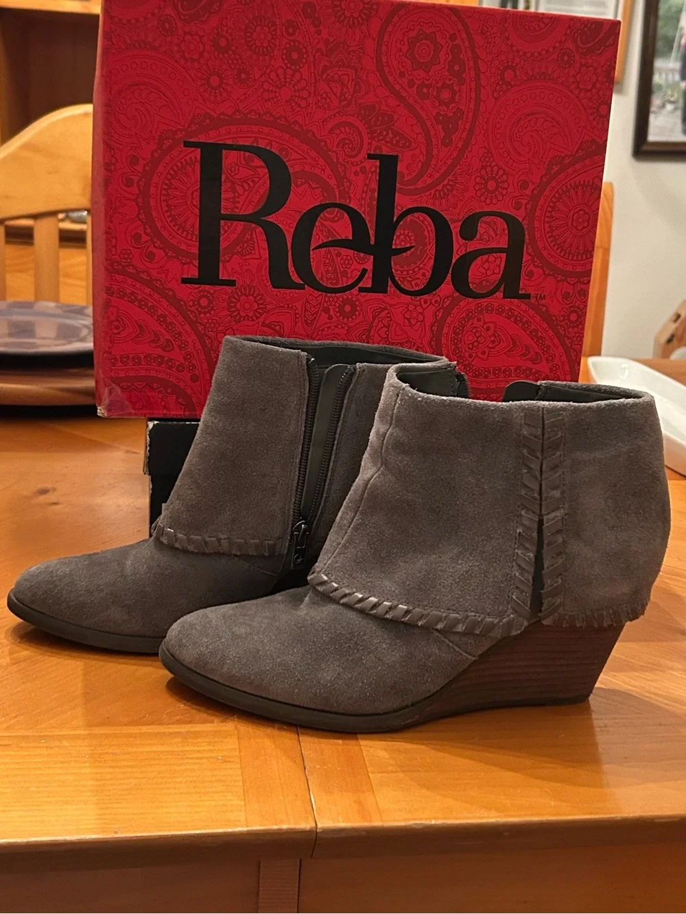 Reba Gray Suede Wedge Ankle Booties with Whipstitch Trim